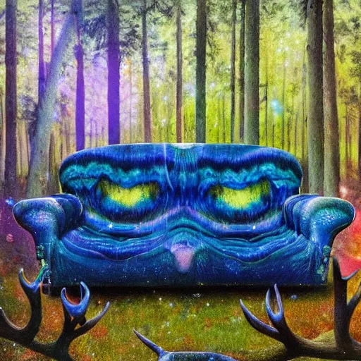 Image similar to psychedelic couch sofa in the lush pine forest, milky way, moose antlers, designed by arnold bocklin, jules bastien - lepage, tarsila do amaral, wayne barlowe and gustave baumann, cheval michael, trending on artstation, star, sharp focus, colorful refracted sparkles and lines, soft light, 8 k 4 k