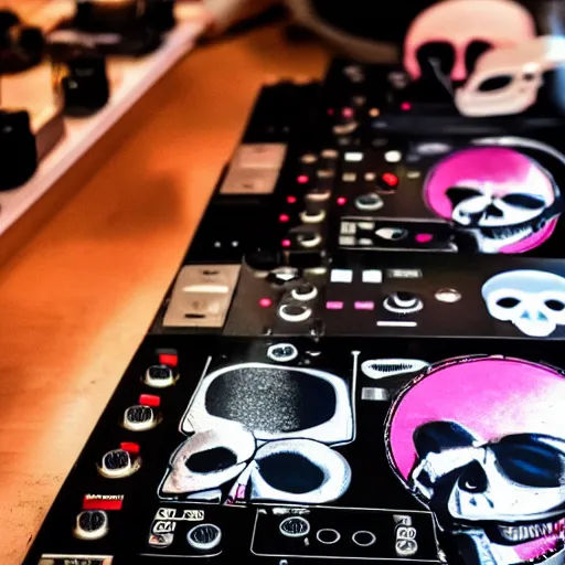 Prompt: a skull on the dj decks