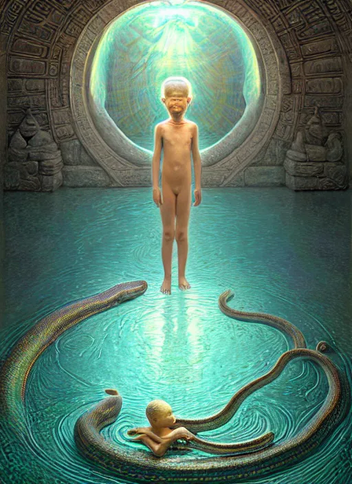 Image similar to hyperreal ultra detailed hypnagogic recollections from the waters of the unconscious. a 3 d psychopomp watching on. an ancient child. prismatic crystal light projections, a doorway threshold, a snake, sharp focus, global illumination, ornate, art by shaun tan, fenghua zhong and daniel merriam and dan mumford octane render