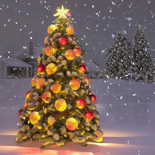 Image similar to a highly detailed photographic render of a christmas tree decorated with cheese, octane 3d render, beautifully lit