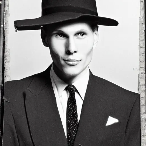 Image similar to A photograph portrait of Jerma985 wearing a suit with and fedora in the 1950s, taken in the early 1950s, grainy, taken on a 1950s Kodak Camera, realistic, hyperrealistic, very realistic, highly detailed, very detailed, extremely detailed, detailed, digital art, trending on artstation