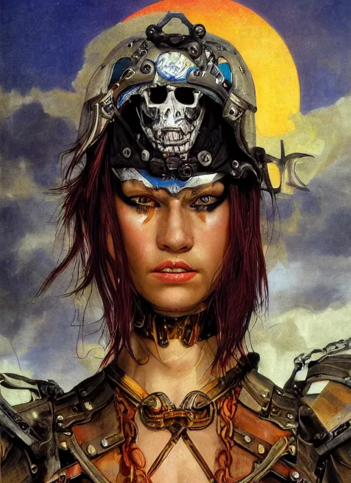 Image similar to dynamic! closeup biblical diabolical pirate! cyborg girl! stylish armor, heavy eyes to the side, closeup, bright glowing eyes, in clouds, rain, sunset, portrait, by gerald brom, by mikhail vrubel, by peter elson, muted colors, extreme detail, mirrors, trending on artstation, 8 k