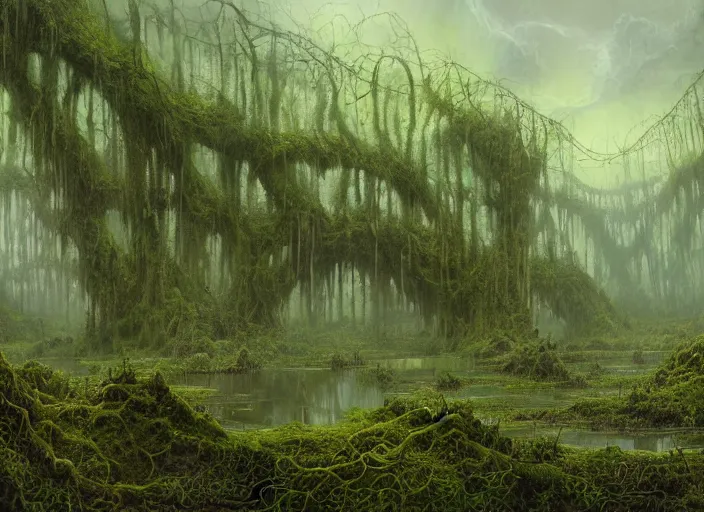 Prompt: matte painting of a huge swamp, overgrown with lush vines, immaculate scale, john howe, digital art, cgsociety, fantasy art, matte painting, lovecraftian horror, fantasy