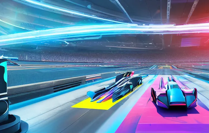 Image similar to wide angle shot of a futuristic racetrack from the attendee stands with confetti on a sunny day with a clear blue sky and big tv screens in the background showing the car race, cyberpunk, profile shot, digital painting, good value control, unreal engine 5, 8 k, fourze, realistic textures, wipeout 2 0 4 8, f - zero