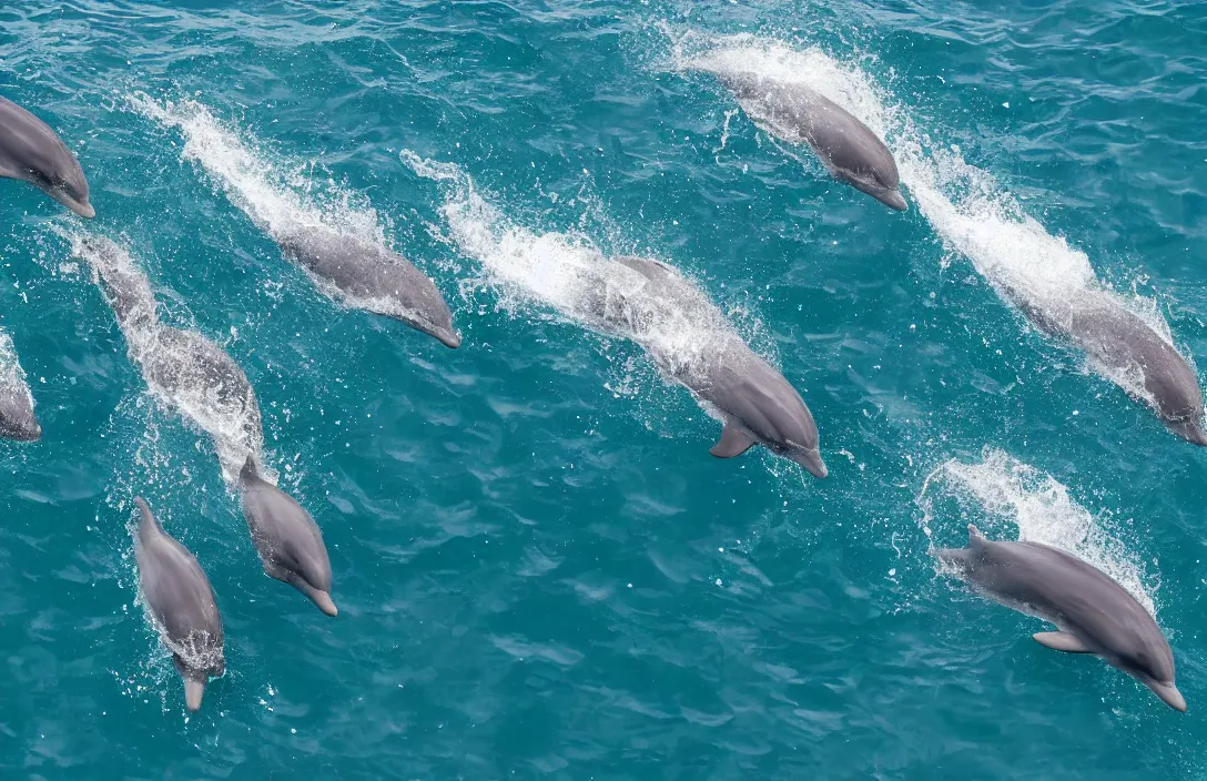 Prompt: a pod of dolphins swimming through a warm tropical ocean, 4k photorealistic nature photography