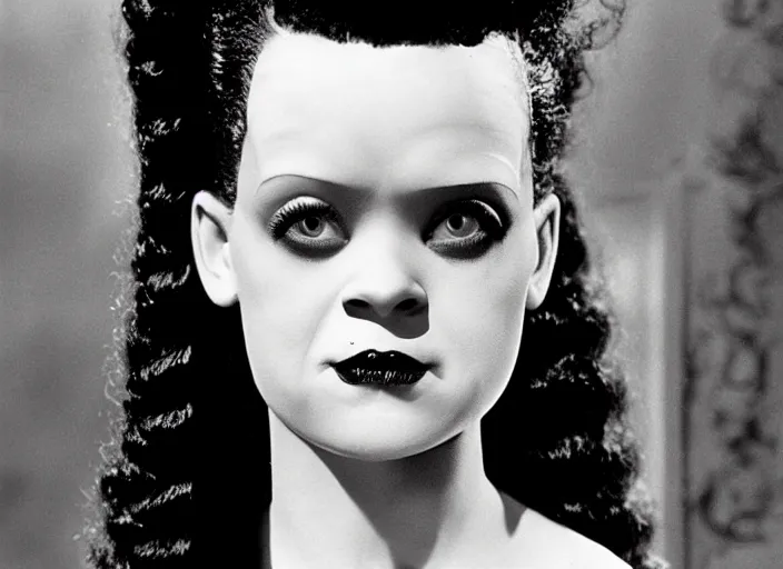 Image similar to editorial portrait, bride of frankenstein ( 1 9 3 5 ) as child wednesday addams, still from the addams family ( 1 9 9 1 )