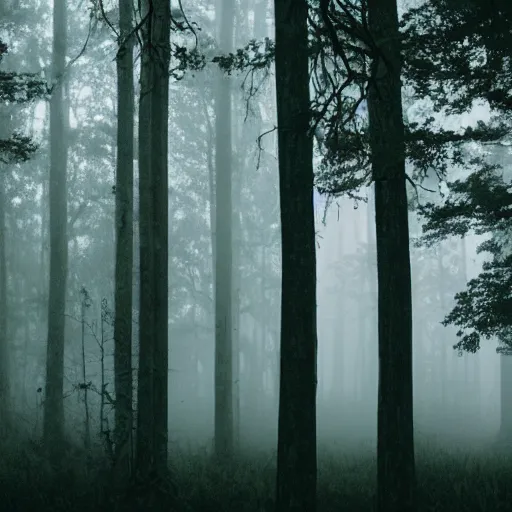 Prompt: vast foggy forest with a ceiling, lights on the ceiling