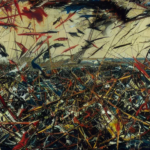 Image similar to battle of cape ecnomus, in the style of jackson pollock