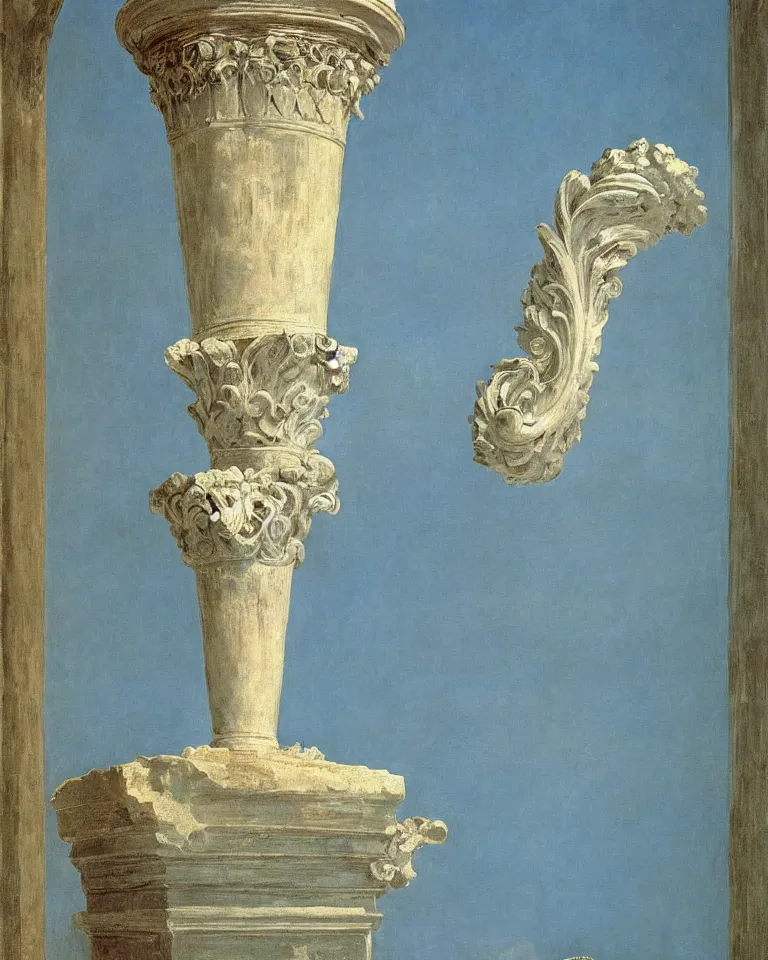 Image similar to achingly beautiful painting of intricate ancient roman corinthian capital on a baby blue background by rene magritte, monet, and turner. giovanni battista piranesi.