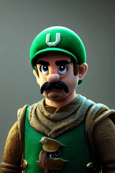 Image similar to very very intricate photorealistic photo of a realistic human version of luigi wearing his hat in an episode of game of thrones, photo is in focus with detailed atmospheric lighting, award - winning crisp details