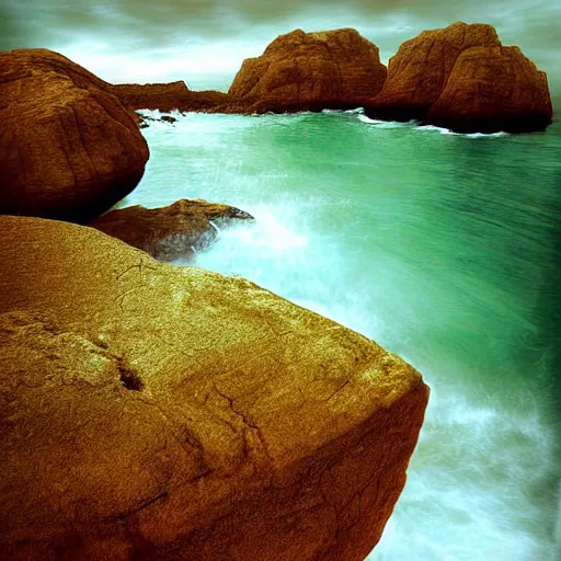 Prompt: sea whirl, rocks, dramatic sky, digital art,