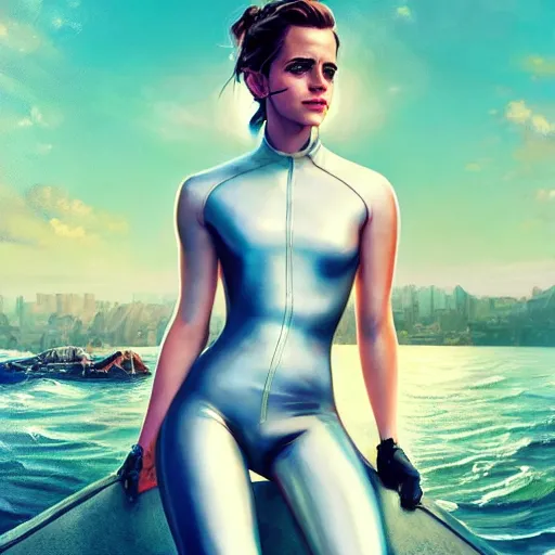 Prompt: highly detailed painting of emma watson wearing a latex suit, gta 5 cover art, stephen bliss, 8 k, by greg rutkowski, artgerm, loish, rhads, global illumination, radiant light, detailed and intricate environment