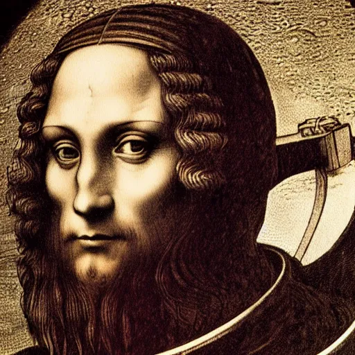 Image similar to self portrait of leonardo da vinci wearing a spacesuit on the moon