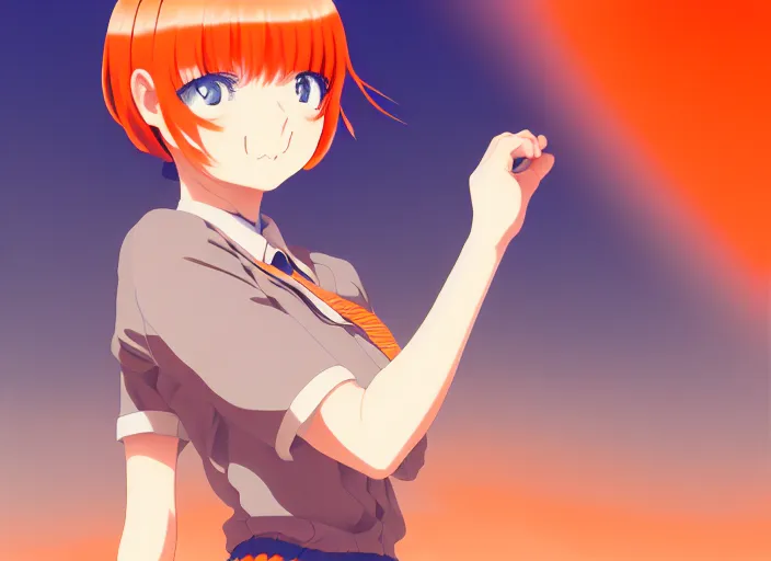 Image similar to anime girl with orange short hair in the Soviet pioneer form,omoide emanon, tsuruta kenji, murata range,kawaii, kyoto animation, manga,katsura masakazu, intricate, detailed, studio lighting, gradation,editorial illustration, matte print, Ilya Kuvshinov