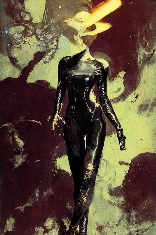 Image similar to pulp scifi fantasy illustration full body portrait of elegant woman wearing leather spacesuit, by norman rockwell, jack kirby, bergey, craig mullins, ruan jia, jeremy mann, tom lovell, 5 0 s, astounding stories, fantasy