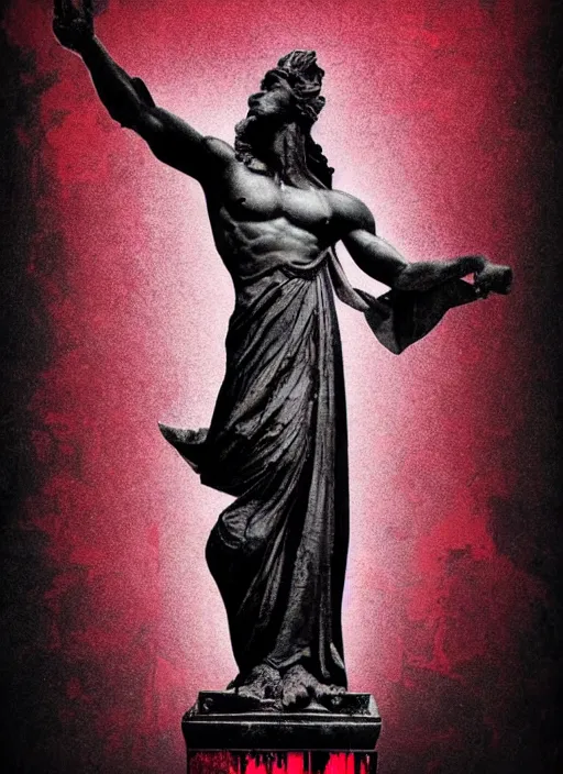 Image similar to elegant dark design poster showing a greco roman statue, black background with very subtle red purple design elements, powerful, nekro, vito acconci, thin straight lines, dark, glitch art, neo vaporwave, gritty, layout frame, square, trending on artstation