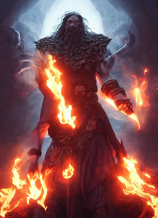 Image similar to A fantasy comic book style portrait painting of a brutal muscular male cleric druid spell casting flames in a atmospheric dark fortress, unreal 5, magician, DAZ, hyperrealistic, octane render, RPG portrait, ambient light, dynamic lighting