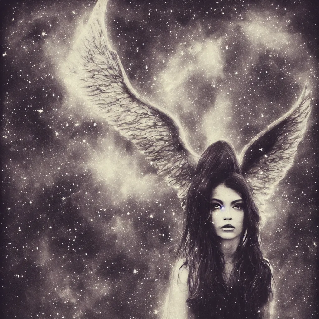 Prompt: a lost female angel glaring into your eyes, deep cosmic eyes, wide long wings made from dark cosmic nebulas, realistic photograph, polaroid pic by horror