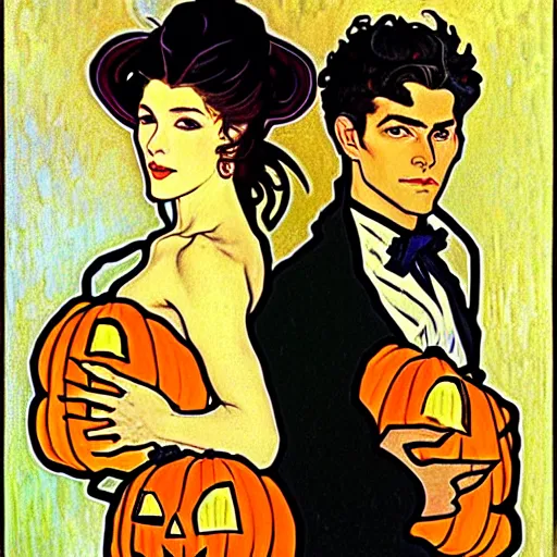 Prompt: painting of handsome young beautiful jeff and gorgeous rina together at the jack o'lantern halloween party, elegant, clear, painting, stylized, art, art by alphonse mucha, vincent van gogh, egon schiele,