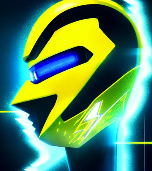 Image similar to symmetry!! yellow ranger, lightning - bolt - shaped helmet!!, hard edges, product render retro - futuristic poster scifi, lasers and neon circuits, yellow ranger, thunder, lightning element, intricate, elegant, highly detailed, digital painting, artstation, concept art, smooth, sharp focus, illustration, dreamlike, art by artgerm