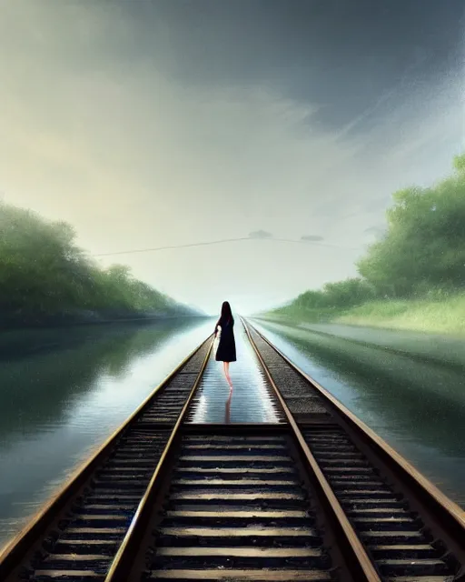 Image similar to photo of girl walking along submerged train tracks reflective water toward a station in the distance, wide horizon, large white clouds, intricate, elegant, highly detailed, digital painting, artstation, concept art, smooth, sharp focus, illustration, art by artgerm and greg rutkowski and fra angelico