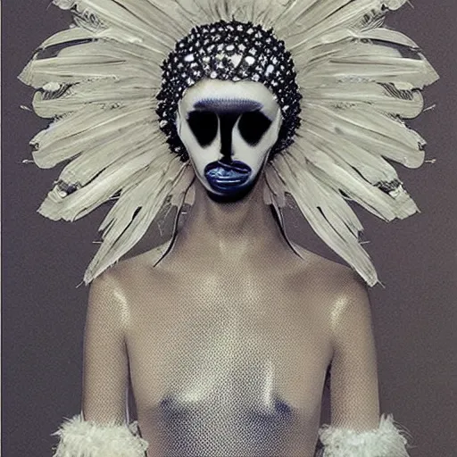 Prompt: a woman with a weird head piece on her head, a flemish Baroque by Alexander McQueen, trending on pinterest, panfuturism, made of paperclips, made of insects, made of feathers,