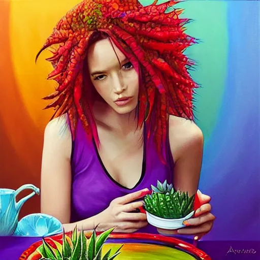 Image similar to painting by Artgerm of a beautiful woman with shoulder length rainbow hair in a coral dress putting colorful South African bitter aloe succulents into rainbow pots at a round table