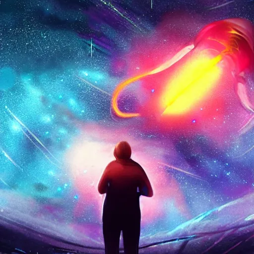 Image similar to over the shoulder photo of a man watching a magic glowing jellyfish in glowing cosmic stardust, colorful stars, galaxies, space, award winning photo, intricate, high detail, atmospheric, desolate, artstation