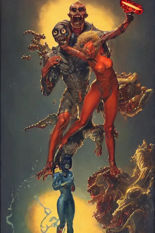 Prompt: full body portrait of martyn ford as lovecraftian demon being zapped by ray gun held by elegant lady wearing a latex spacesuit, by norman rockwell, jack kirby, jon berkey, earle bergey, craig mullins, ruan jia, jeremy mann, tom lovell, marvel, astounding stories, 5 0 s pulp illustration, scifi, fantasy, artstation creature concept