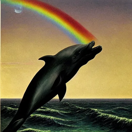 Prompt: the grim reaper on the back of a dolphin that is jumping over a rainbow, by zdzislaw beksinski,