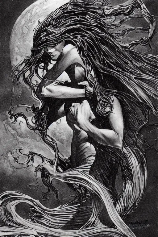 Image similar to dark evil mermaid with long flowing hair, by bernie wrightson