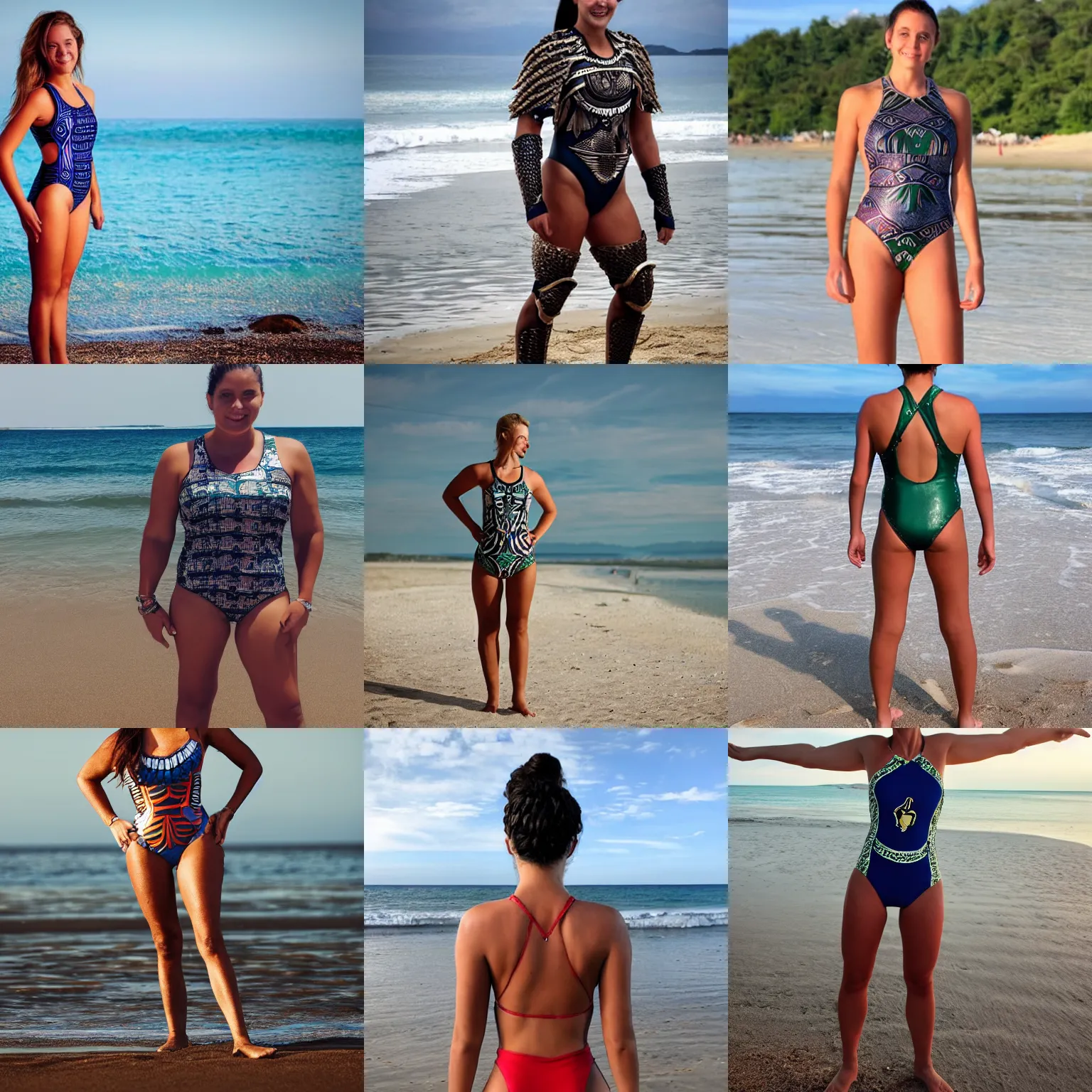 Prompt: beautiful picture of someone wearing a spartan armor patterned swimsuit standing on the beach