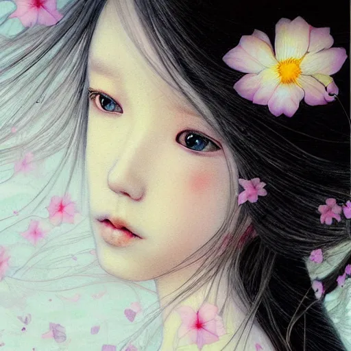 Prompt: princess Portrait by Miho Hirano, manga, realistic, detailed, white, light pink tonalities, beautiful collage technique including flora, sea, wind, ornate sea background, beautiful Fantasy detailed trending on artstation, oil painting,Dramatic lighting, eterea , high quality print, fine art with subtle redshift rendering