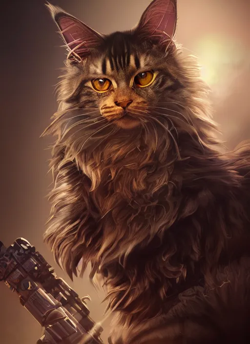 Prompt: An epic fantastic realism comic book style portrait painting of steampunk Maine Coon cat, Apex Legends Concept Art, unreal 5, DAZ, hyperrealistic, octane render, RPG portrait, dynamic lighting, Rembrandt oil