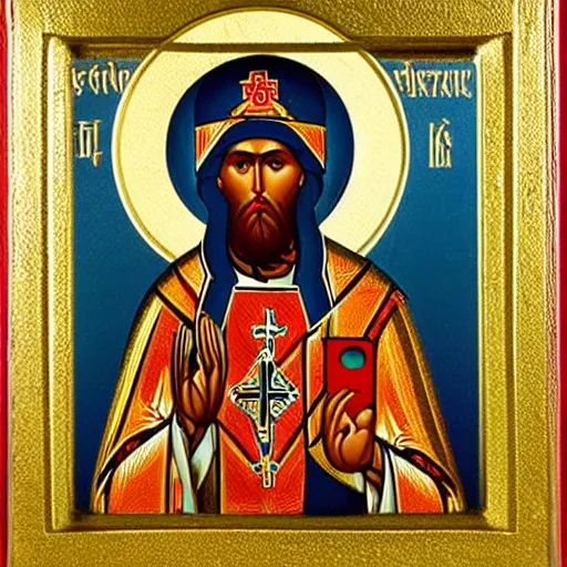 Image similar to russian orthodox icon showing saint with a mobile phone