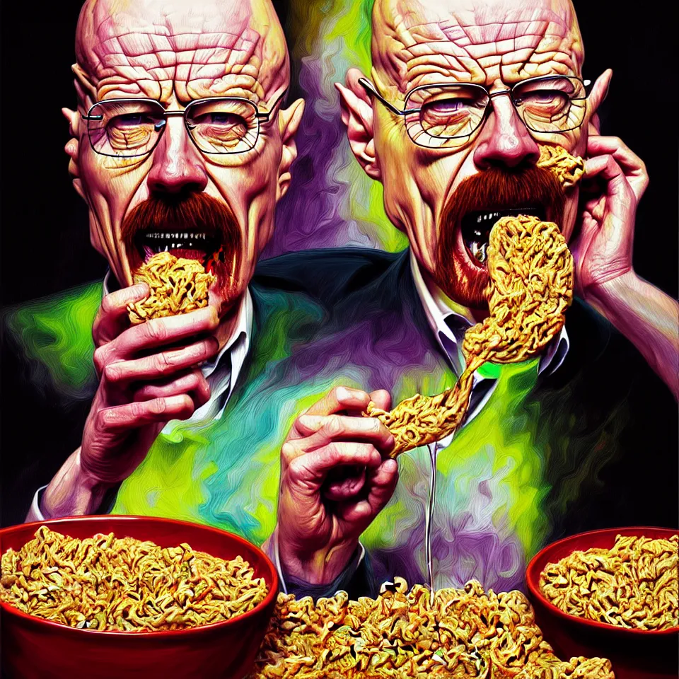 Prompt: weird and disturbing psychedelic walter white eating a bowl of cereal, laughing and puking milk, diffuse lighting, fantasy, intricate, elegant, highly detailed, lifelike, photorealistic, oil painting, illustration, concept art, smooth, sharp focus, art by francis bacon