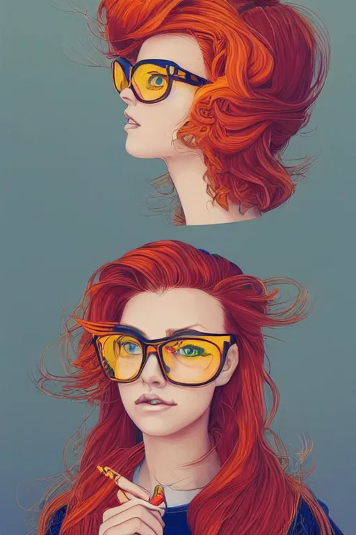 Prompt: portrait painting of a teenage girl with swept back wild orange hair, fashionable, windy, glasses, sharp focus, award - winning, trending on artstation, masterpiece, highly detailed, intricate. art by josan gonzales and moebius and deathburger