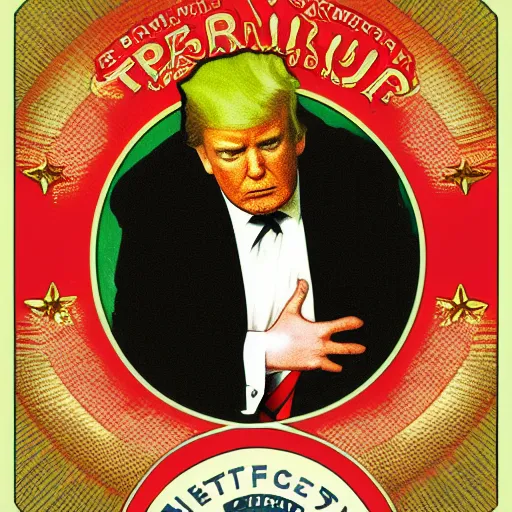 Image similar to Portrait of Trump wearing a red suit, illustrated by Alphonse Mucha, yellow stars, award-winning digital art, 4k resolution,