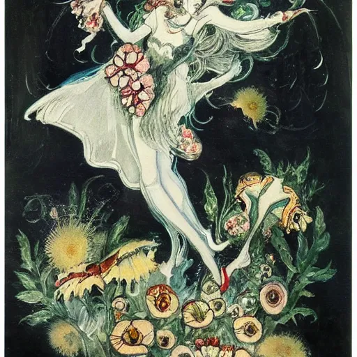 Image similar to Louis Icart, an old elaborate painting of an abstract robot tornado made entirely out of flowers, highly detailed, swirling, flowing, dancing, dreaming, masterpiece - H 1024