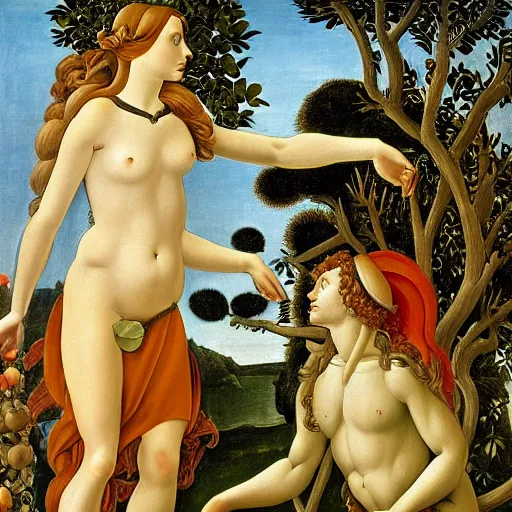 Prompt: adam and eve reaching for an apple protected by a snake that is hanging from a branch of an apple tree in the garden of eden, ultrarealistic painting by botticelli