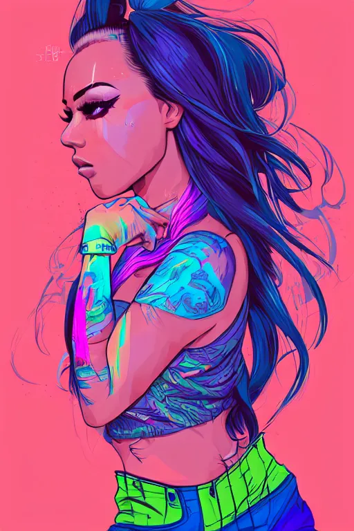 Image similar to a award winning half body portrait of a beautiful woman with stunning eyes in a printed croptop and cargo pants with rainbow colored ombre hairstyle head in motion and hair flying by josan gonzales, outrun, vaporware, shaded flat illustration, digital art, trending on artstation, highly detailed, fine detail, intricate