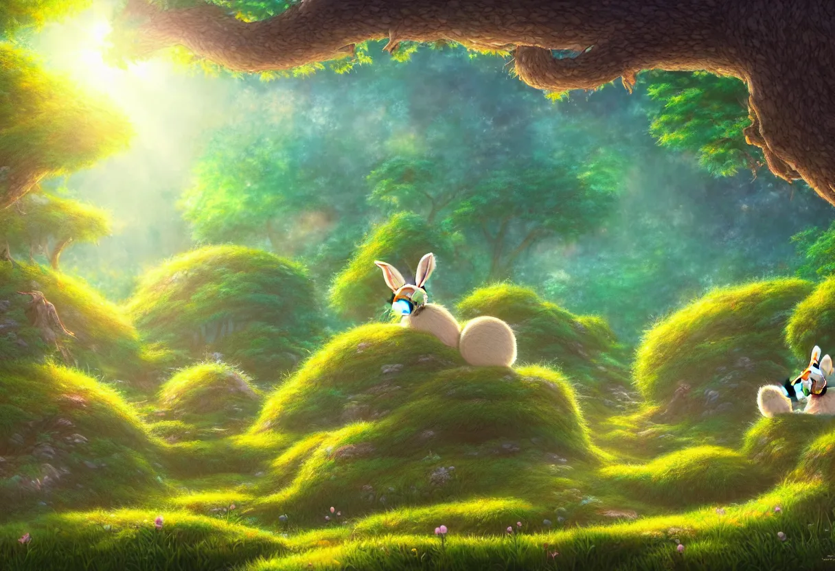 Prompt: a beautiful ultradetailed painting of dream forest, small rabbit, river, sunny, close shot, studio ghibli sunlight, archdaily, wallpaper, highly detailed, trending on artstation