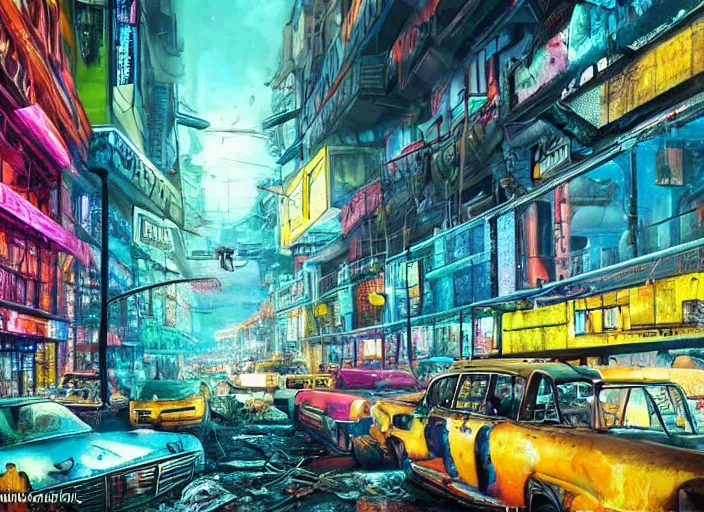 Image similar to an unbelievable dystopian scene, highly detailed, contrasting bright and colours with a hint of neon