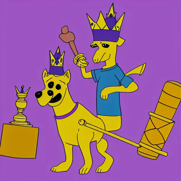 Image similar to a digital drawing of an anthropomorphic dog wearing a purple hoodie and a crown, smashing a golden trophy with a baseball bat. in the style of bojack horseman.