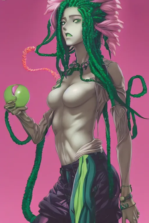 Image similar to portrait of an anime manga girl with green snake dreads, straight on, by artgerm, james jean, tom bagshaw, gerald brom, vaporwave colors, lofi colors, vaporwave, lofi, goth vibe, 4 k, smooth, hd, substance designer render, full body character concept art, symmetrical,