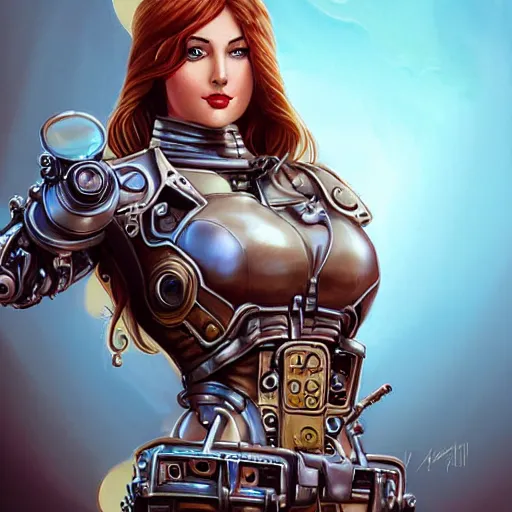 Prompt: retrofuturistic female android, steampunk, gears, detailed mechanical parts, painting by artgerm and julie bell