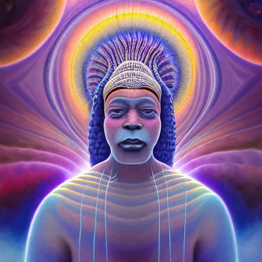 Image similar to obatala the cosmic god sitting in a cabana made of nebula clouds, by Adi granov and afarin sajedi and amanda sage and evgeni gordiets and Agostino Arrivabene in a psychedelic portrait style, ultrarealistic matte painting, volumetric lighting, fractal, extremely symmetrical, highly detailed face, orisha, 8k, hd