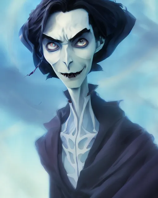 Prompt: still film, elegant mysterious gracious dr strange undead from the corpse bride if made by krenz cushart and wenjun lin, portrait, illustration, rim light, top light, summer clear blue sky, perfectly shaded, soft painting, epic, intricate, art