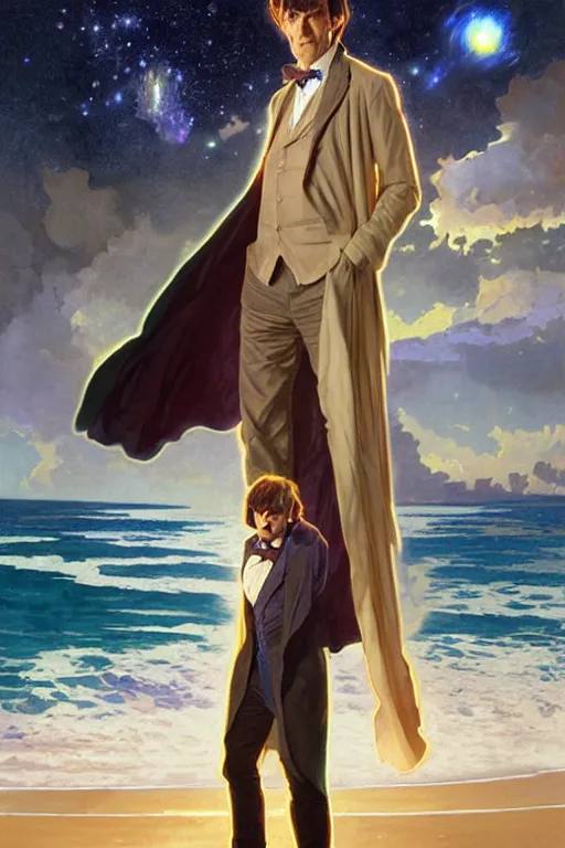 Image similar to the doctor who, patrick troughton on a beach, the ocean in the background, swirling colourful stars in the background, art by artgerm and greg rutkowski and alphonse mucha