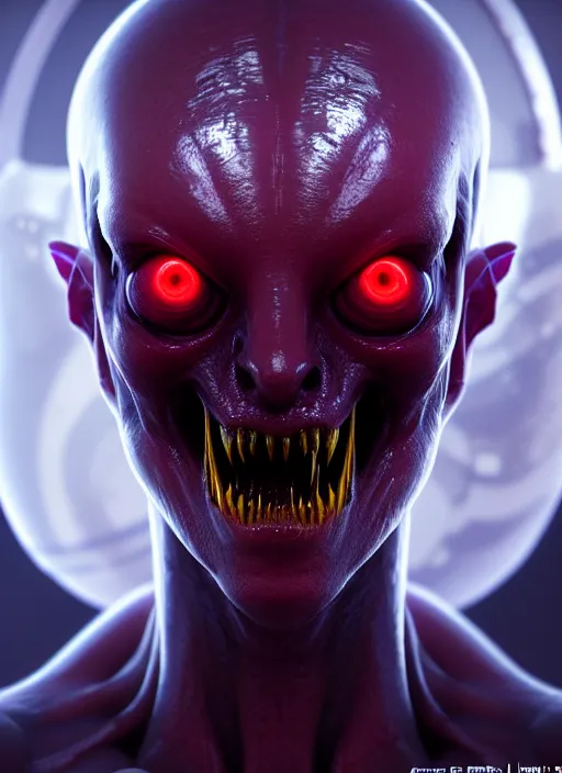 Image similar to portrait of a space alien, varying detailed skin, octane render, piercing glowing eyes, realistic render, detailed, ugly, slimy unreal engine, symmetrical!!, greg rutkowski and ruan jia, cinematic